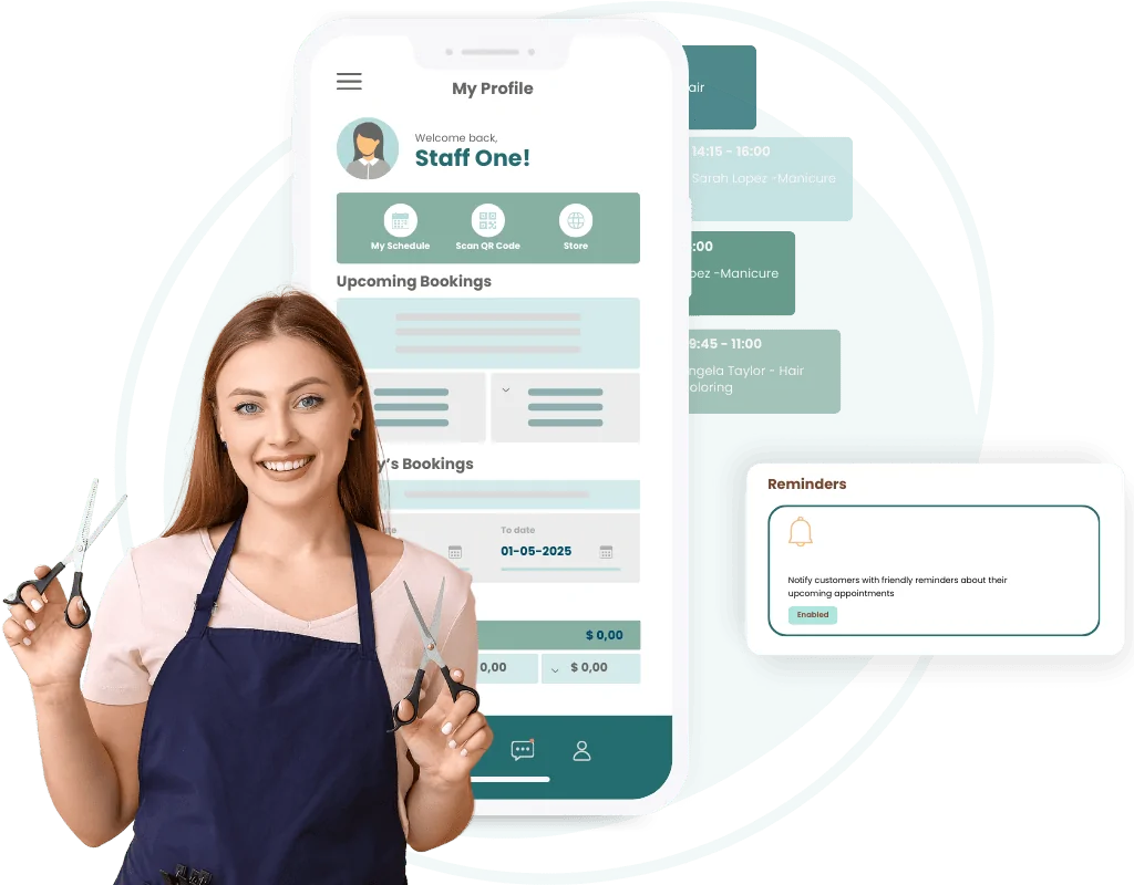 Staff can easily checkout and manage their schedule with our appointment reminder app